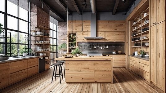3d 渲染中令人惊叹的阁楼式木制厨房