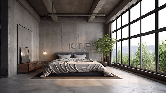 原始而质朴的卧室 3D 渲染，配有阁楼风格的混凝土装饰木地板和大窗户