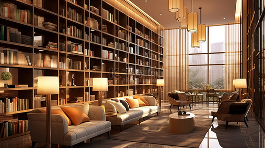 以 3D 渲染的休息室图书馆中的现代风格酒吧