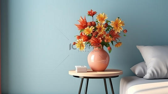 装饰房间中鲜花的桌面花束 3D 渲染
