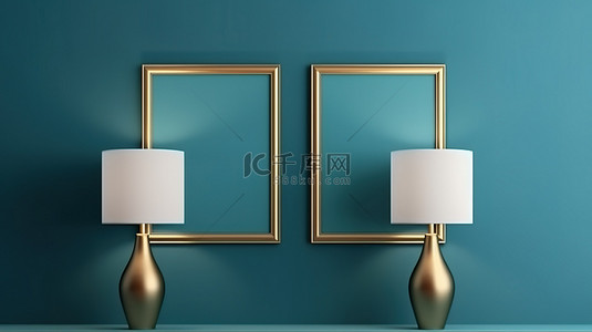 画框展示背景图片_金框蓝色墙壁，配有壁灯，展示两块空白画布 3D 样机海报