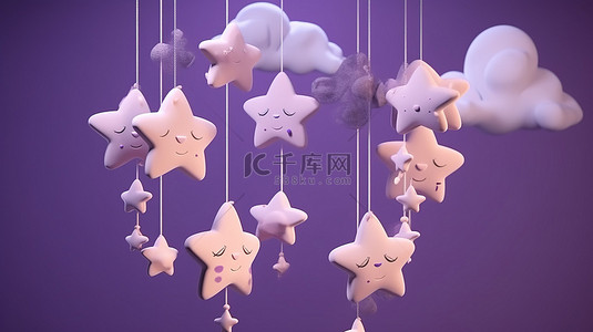 梦幻般的 3D 渲染中可爱的悬挂星星和紫云