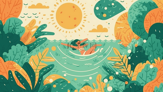 夏季女孩游泳太阳扁平