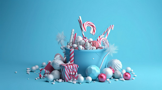 蓝色背景下的 3D 冬季销售，配有节日糖果和礼物