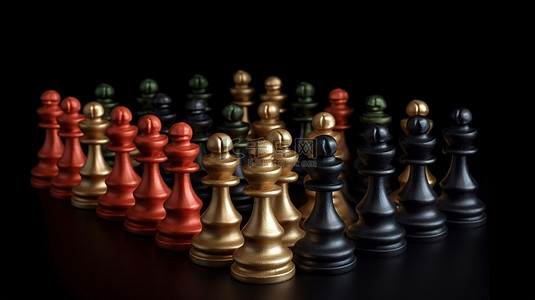 黑色背景下 3D 受众细分概念中的分类棋子