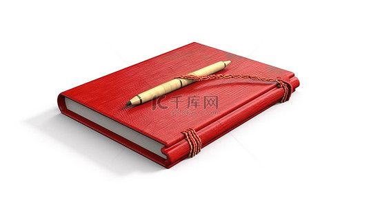 白色背景上红色封闭书和木铅笔的孤立 3D 插图
