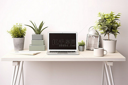 有植物和笔记本电脑的电脑桌