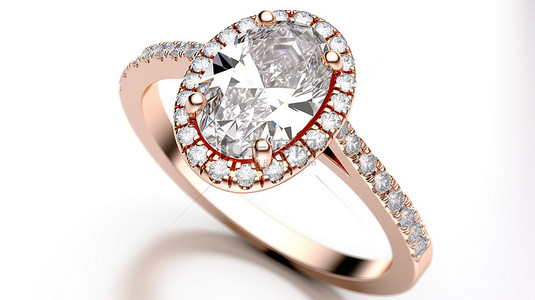 玫瑰金 3D 渲染椭圆形钻石光环戒指，侧面铺镶宝石