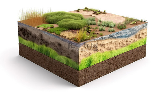 令人惊叹的草原景观的 3D 插图，具有土壤地质立方设计和白色背景下隔离的地面生态的横截面