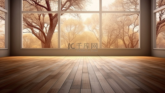 3d 渲染中有树背景的木地板房间