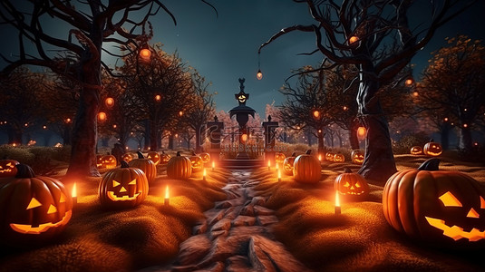 万圣节海报背景图片_万圣节墓地的怪异 3D 渲染，上面有发光的南瓜幽灵树和坟墓，非常适合秋季庆祝活动