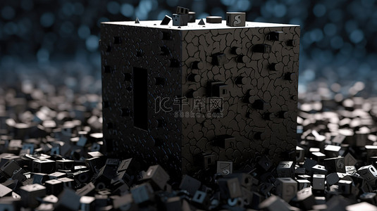 带有问号符号的神秘黑色立方体的 3d 渲染