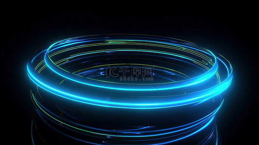 3d 渲染中霓虹灯抽象光背景中的未来派蓝色圆圈