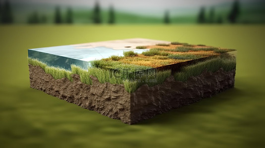 河流丰富的草地与高架展示平台 3D 渲染