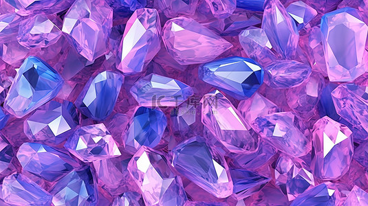 菱形蓝色背景背景图片_柔和的粉红色背景，带有明亮的蓝色紫色晶体，在 3D 插图中无缝纹理
