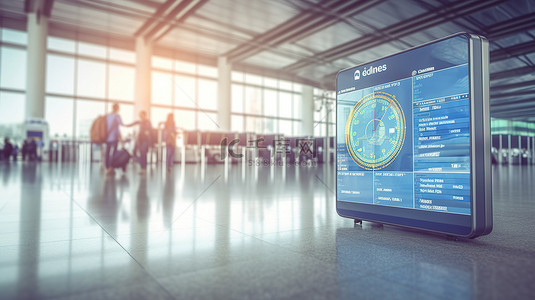 终端背景图片_机场信息屏幕模型，配有蓝色手提箱和模糊背景飞机 3D 渲染
