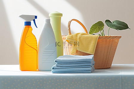 瓶背景图片_一张篮桌，上面有两个洗衣粉瓶和毛巾