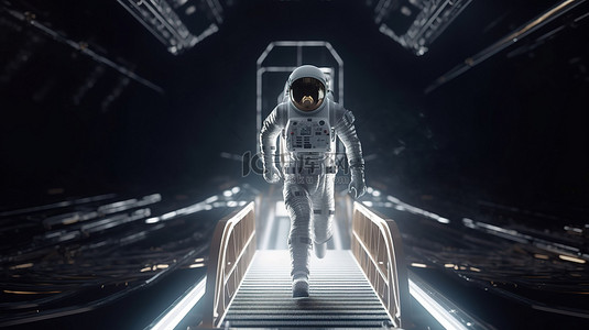 宇航员使用 3D 渲染跑步机的未来背景