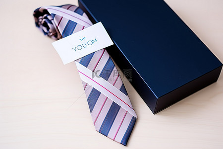木盒上有一条领带和一个感谢标签