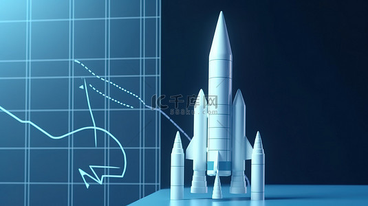 在初创公司展示的商业投资图表的蓝色背景下发射白色火箭的 3D 渲染