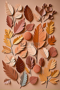 叶子棕色背景图片_秋天的叶子纸剪出牛皮纸叶子