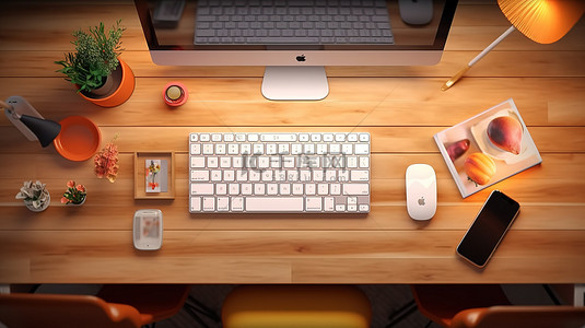 在创意工作区 3D 插图中使用键盘和智能手机的学习场景的顶视图