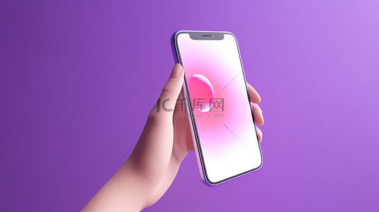 孤立的紫色背景 3D 卡通手持智能手机并使用手机样机