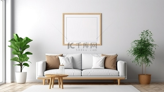 复古风格的客厅，配有海报框架和白色皮革沙发的 3D 渲染