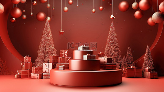 具有装饰背景的节日圣诞产品展示台的 3D 渲染