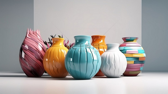 充满活力的陶瓷花瓶和花盆，以彩色 3D 呈现在白色背景上，并有文字插图的空间