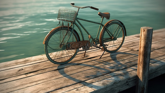 复古自行车在海边休息 3d 渲染