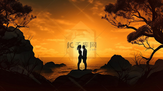 爱情剪影背景图片_浪漫的日落海洋景观与接吻情侣的 3d 剪影