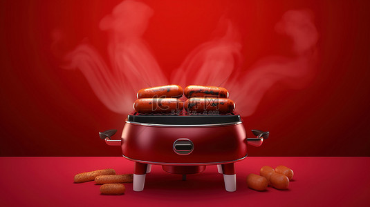 3D 渲染背景上的红烟烧烤四根铁板香肠