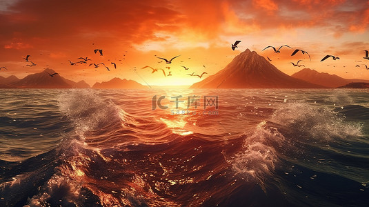 湖上游船卡通背景图片_火山海岸线上令人惊叹的日落，飞翔的鸟类和涟漪的海水超现实 3D 渲染