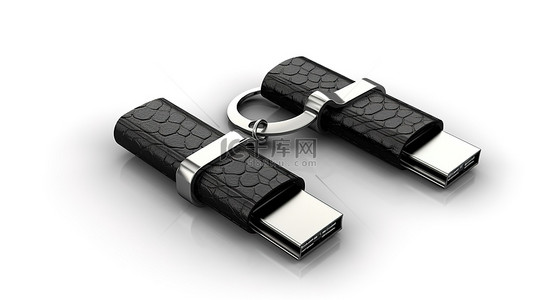 3D 渲染白色背景与时尚的黑色皮革 USB 闪存驱动器