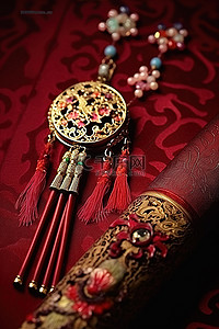 红色的中国结背景图片_红色和金色的中国匕首棒，耳环架上有香棒