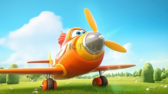 在飞机上卡通背景图片_卡通飞机在绿色草地上飞翔的宣传横幅的 3D 渲染