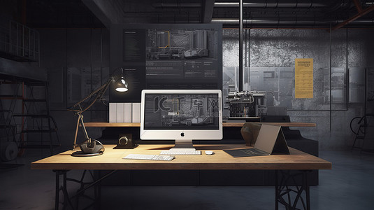 两大特点背景图片_计算机生成的工业工作区描绘，其特点是在计算机屏幕上显示一个在线营销网站，并带有富有想象力的图形