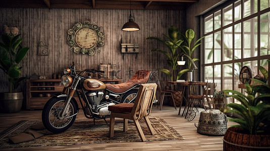 摩托车背景图片_经典摩托车的 3D 渲染作为客厅的亮点