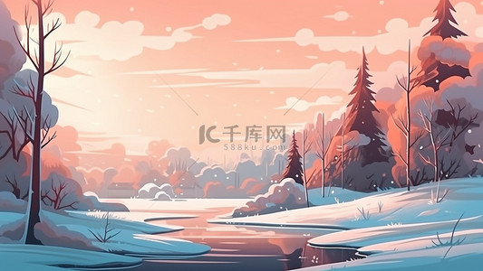 冬天背景图片_夕阳雪景雪松美丽背景