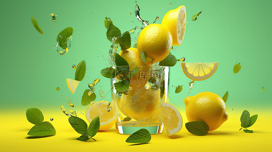 冰块水果背景图片_柠檬片冰块和薄荷叶层叠入玻璃杯中的 3D 渲染