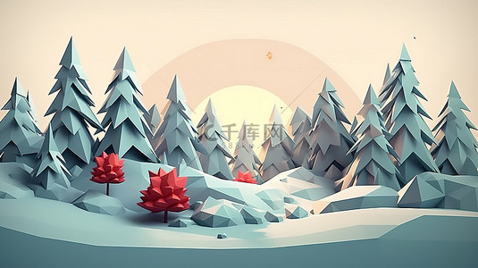 卡通森林元素背景图片_圣诞节主题低聚等距景观 3D 渲染