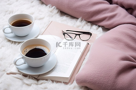 带枕头的桌子上的咖啡和眼镜
