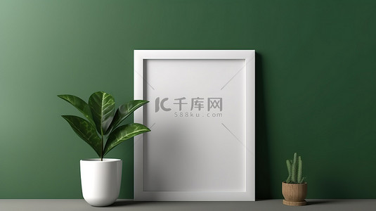 具有深色墙壁背景和绿色屏幕的简约白色框架上的空白肖像照片模型的 3D 渲染