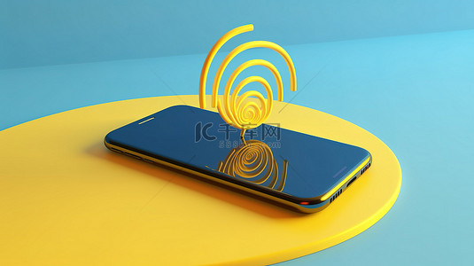 蓝色 wifi 图标 3d 在黄色地面上的手机上方呈现，带有文本空间