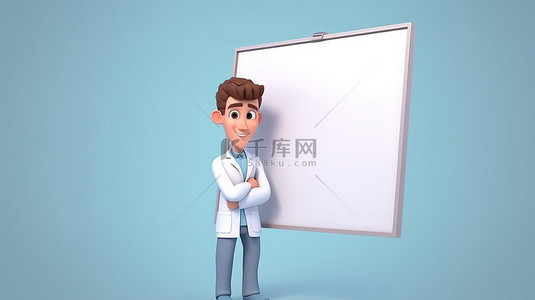招牌背景图片_卡通风格 3D 插图的医学专家抓着空招牌
