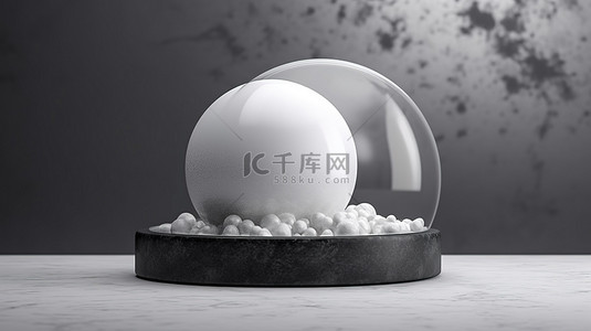 白色托盘和空的积雪玻璃球放在数字生成的深色混凝土讲台上