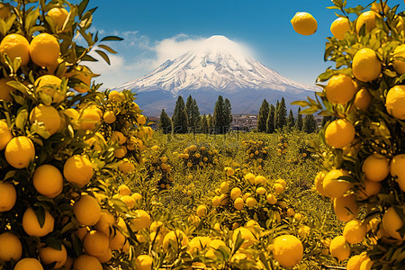 家背景图片_果园里的柠檬树，后面是山