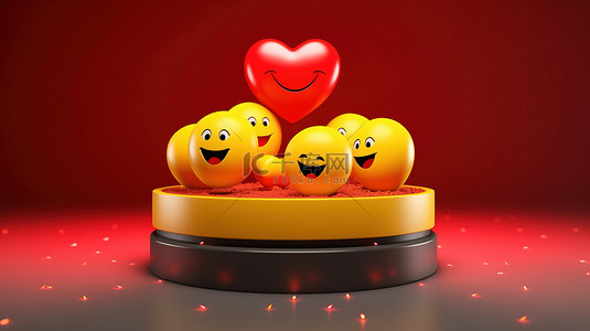 心脏图背景图片_爱情气球图释漂浮在讲台上的 3d 表情符号心后面