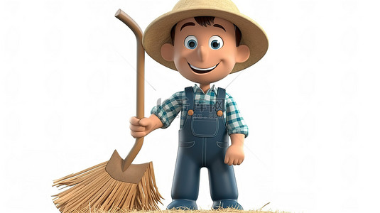 农夫与蛇背景图片_3D 插图中带着大耙子微笑的小农夫
